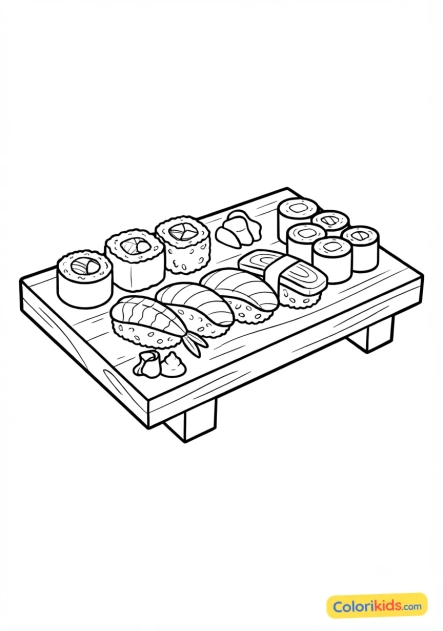 Desenho para colorir para imprimir: sushi e maki japonês variado