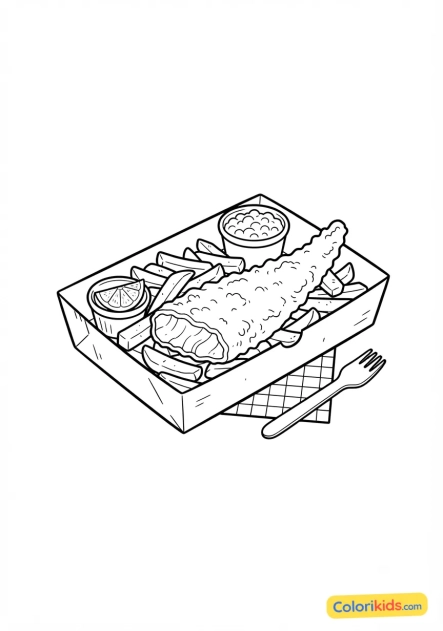 Ausmalbild zum Ausdrucken: knuspriger britischer Fish and Chips