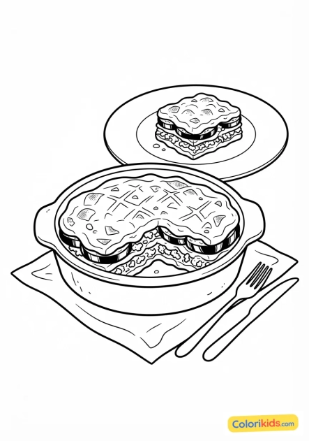 Ausmalbild zum Ausdrucken: griechische Auberginen-Moussaka