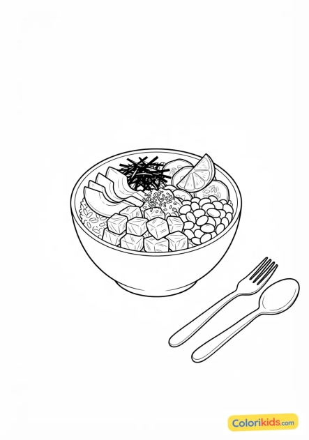 Ausmalbild zum Ausdrucken: hawaiianischer frischer Fisch-Poke-Bowl