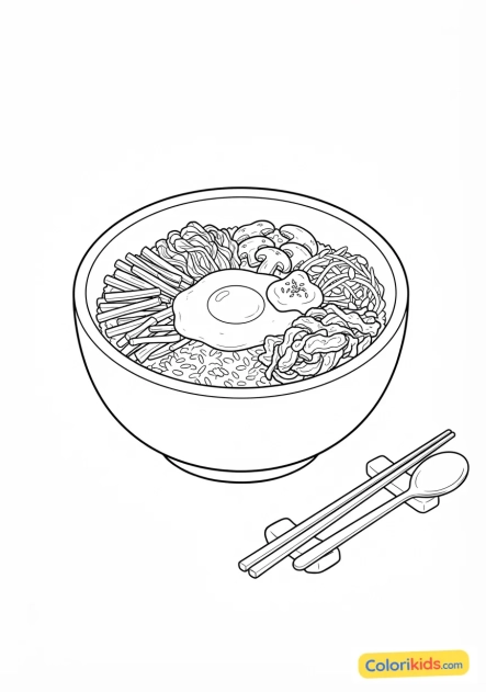 Ausmalbild zum Ausdrucken: koreanische Bibimbap Reisschüssel