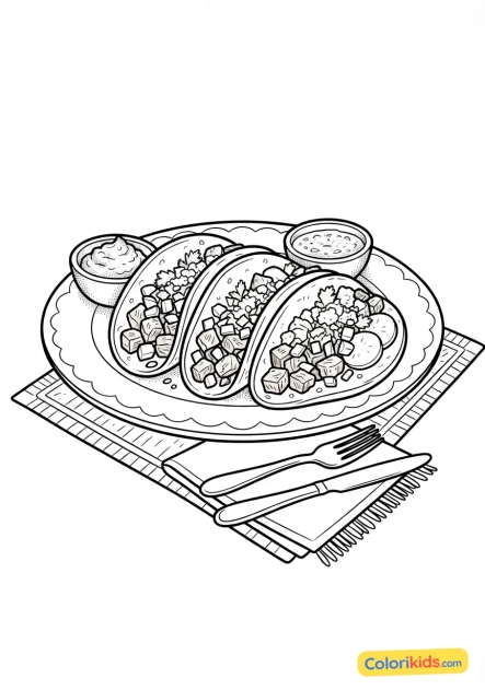 Ausmalbild zum Ausdrucken: mexikanische Fleischtacos