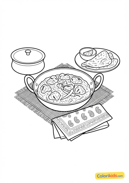 Ausmalbild zum Ausdrucken: würziger indischer Chicken Tikka masala