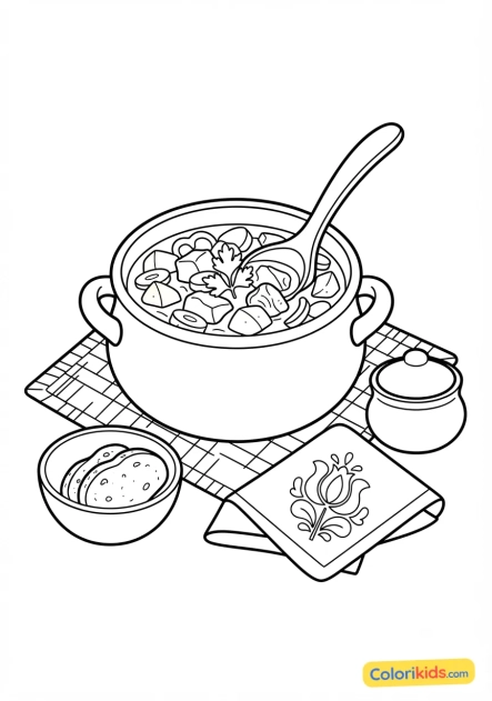 Ausmalbild zum Ausdrucken: traditionelles ungarisches Gulasch