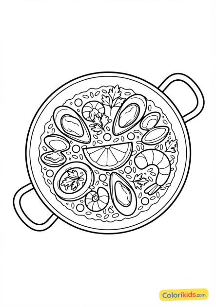 Ausmalbild zum Ausdrucken: valencianische Meeresfrüchte-Paella