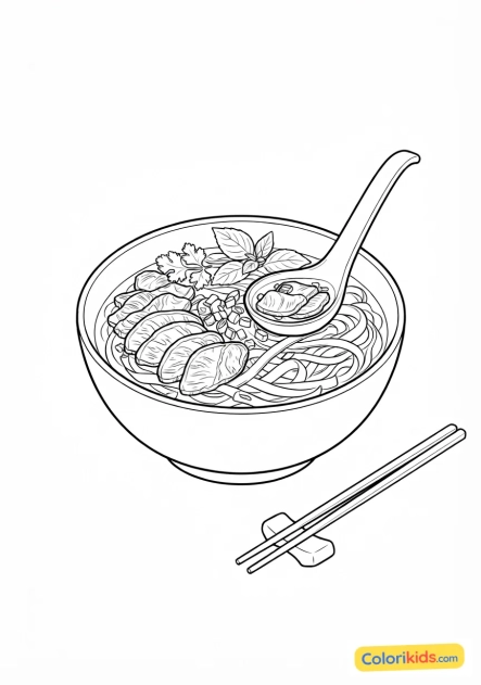 Ausmalbild zum Ausdrucken: vietnamesische Rindfleisch-Nudelsuppe Pho