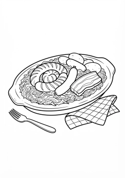 Ausmalbild zum Ausdrucken von elsässer Sauerkraut mit Fleisch