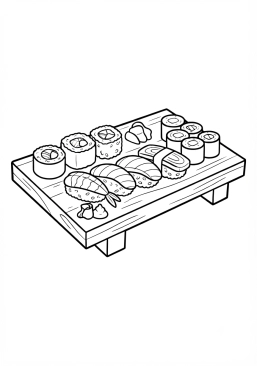 Desenho para imprimir de sushi e maki japonês variado