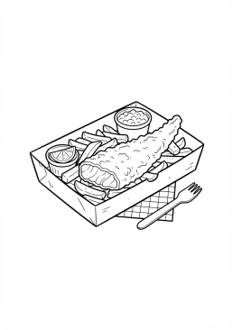 Ausmalbild zum Ausdrucken von knuspriger britischer Fish and Chips