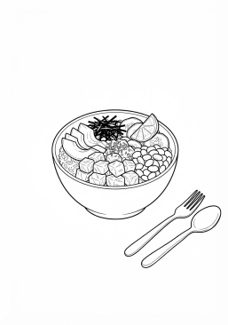 Ausmalbild zum Ausdrucken von hawaiianischer frischer Fisch-Poke-Bowl