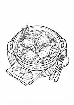 Ausmalbild zum Ausdrucken von traditioneller französischer Coq au vin