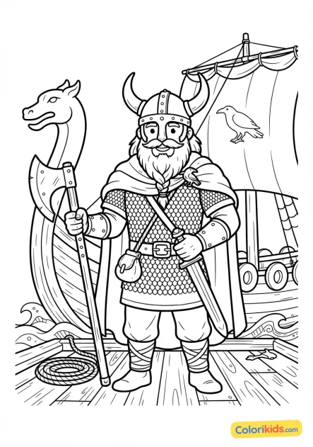 Coloriage à imprimer : guerrier viking barbu coiffé d'un casque à cornes tenant une lourde hache de combat sur le pont de son drakkar