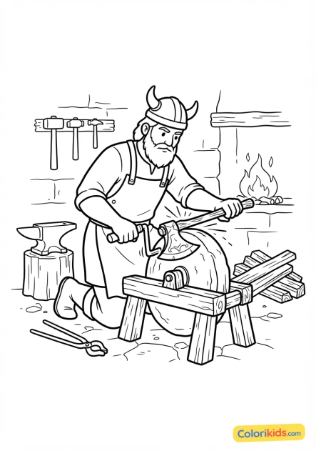 Coloriage à imprimer : forgeron affûtant une hache de bataille sur une meule en pierre actionnée à la main