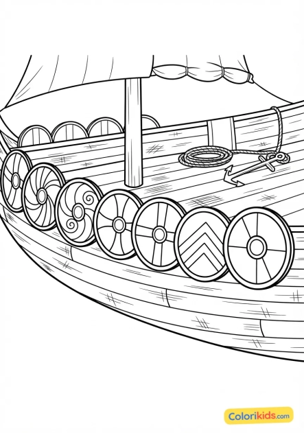 Coloriage à imprimer : boucliers colorés alignés le long du bastingage en bois d'un navire de guerre prêt à appareiller