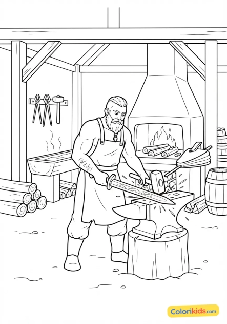 Coloriage à imprimer : forge d'un village viking où un artisan robuste frappe une épée ardente sur son enclume