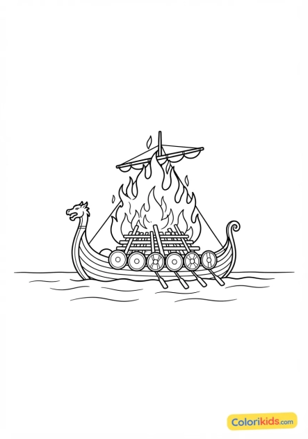 Coloriage à imprimer : bûcher funéraire d'un chef viking s'embrasant sur un drakkar dérivant au loin sur l'eau