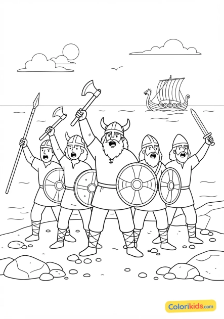 Coloriage à imprimer : groupe de guerriers vikings brandissant leurs armes en poussant un cri de ralliement sur la grève