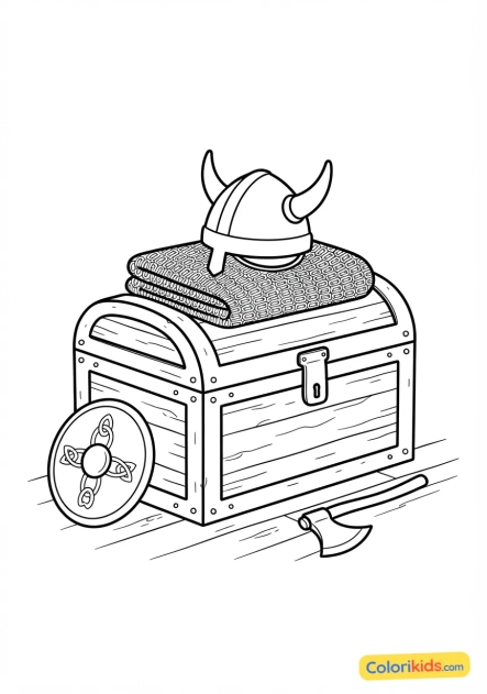 Coloriage à imprimer : armure de mailles en fer et casque conique posés sur un coffre en bois rustique