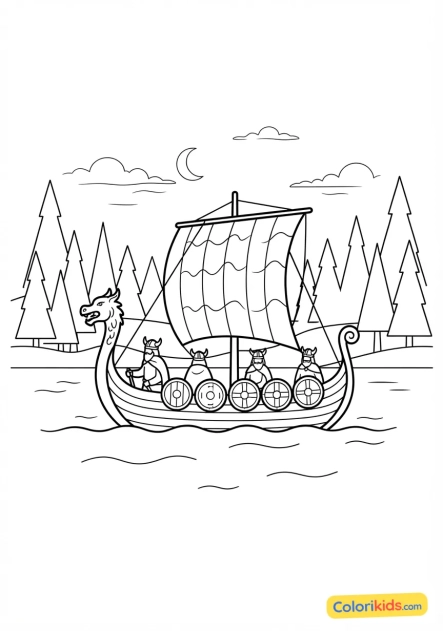 Coloriage à imprimer : drakkar glissant silencieusement sur un lac miroitant cerné par les sapins endormis