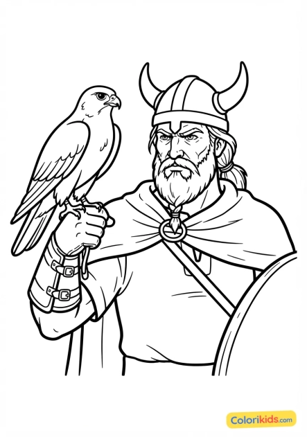 Coloriage à imprimer : faucon majestueux posé sur le gantelet en cuir d'un chef viking au regard perçant