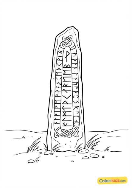 Coloriage à imprimer : runes mystiques gravées sur une haute pierre dressée au milieu de la toundra balayée par le vent