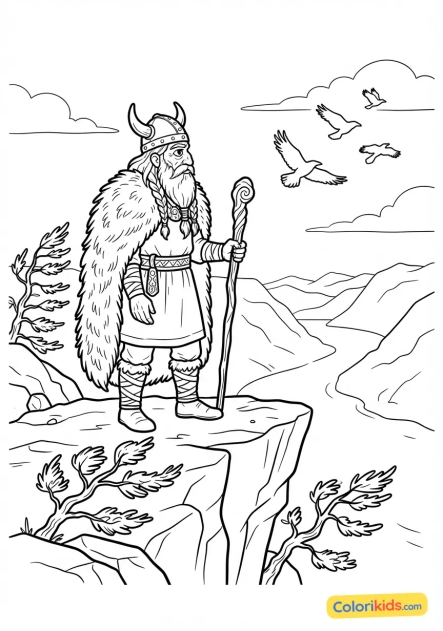 Coloriage à imprimer : vieux sage borgne coiffé d'une cape en fourrure observant les corbeaux depuis une falaise