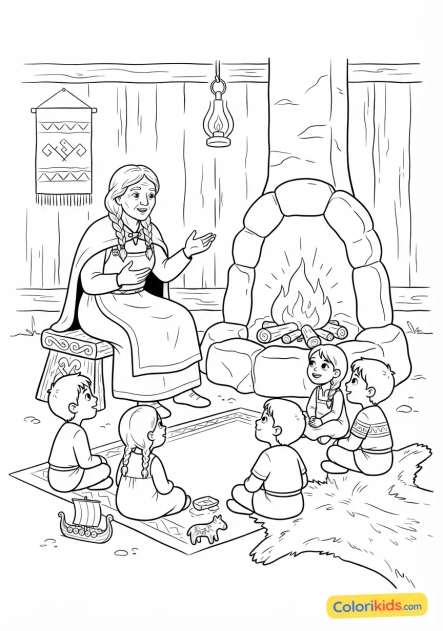 Coloriage à imprimer : vieille femme viking racontant des sagas légendaires aux enfants assemblés près de l'âtre