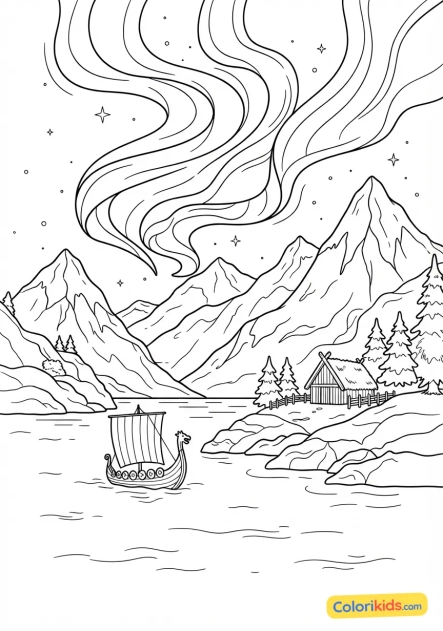 Printable coloring page: snowy mountains and deep fjords under the dancing lights of an aurora borealis