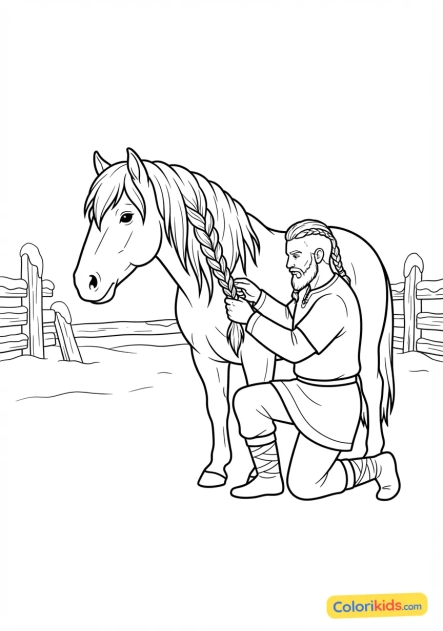 Coloriage à imprimer : viking tressant la crinière de son cheval robuste dans l'enclos enneigé du village