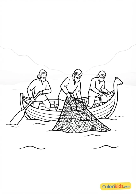 Coloriage à imprimer : pêcheurs vikings relevant leurs filets lourds de poissons dans un fjord brumeux