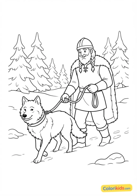 Coloriage à imprimer : viking portant un loup apprivoisé en laisse à travers les bois enneigés