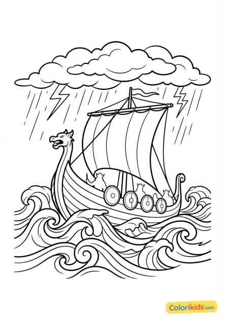Coloriage à imprimer : drakkar viking fendant les vagues sombres d'une mer du Nord agitée sous un ciel d'orage