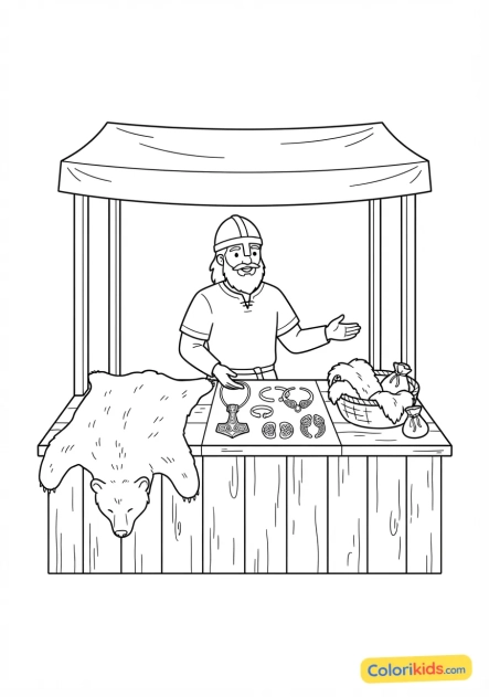 Coloriage à imprimer : marchand viking présentant des fourrures d'ours et des bijoux en argent sur un étal en bois