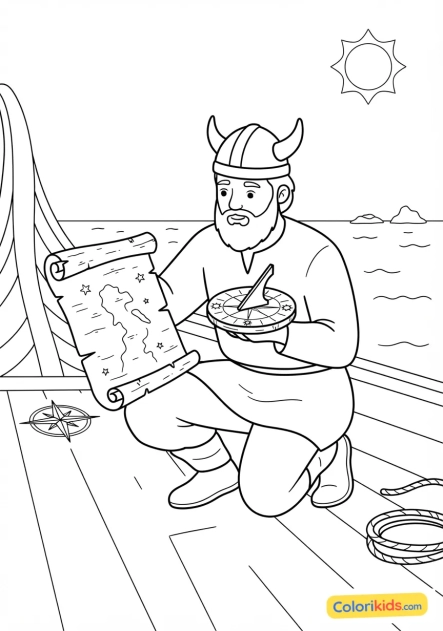 Coloriage à imprimer : navigateur viking consultant une carte gravée sur écorce et une boussole solaire rudimentaire