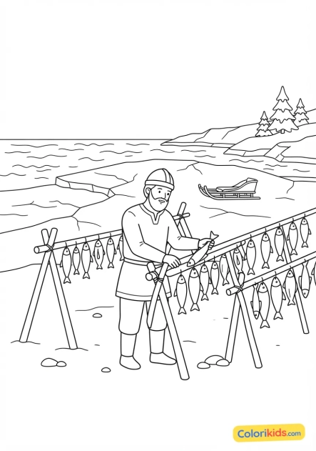 Coloriage à imprimer : viking préparant du poisson séché sur des racks en bois face à la mer gelée