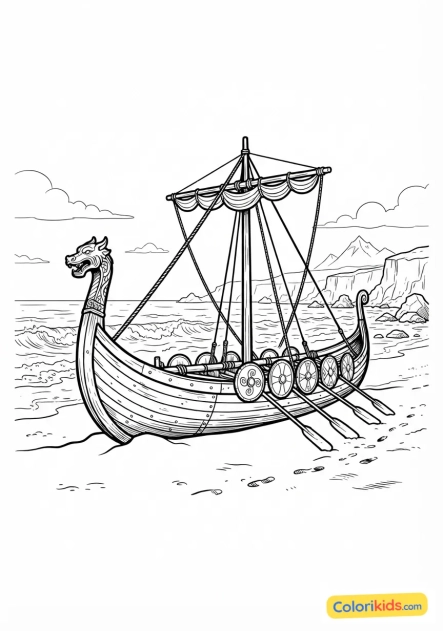 Coloriage à imprimer : bateau viking échoué sur une plage de sable noir battue par les embruns