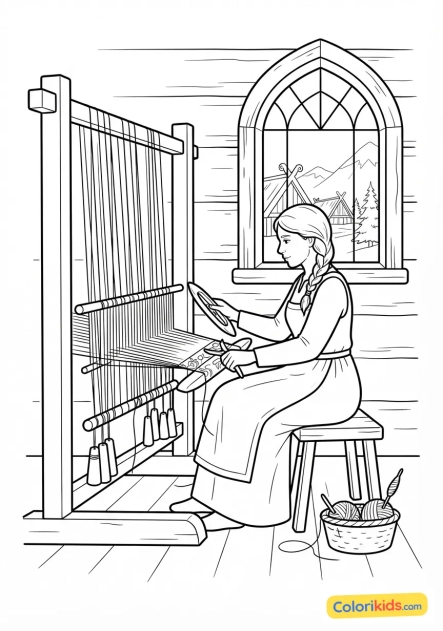 Coloriage à imprimer : tisserande viking installée près de la fenêtre travaillant sur un métier à tisser vertical