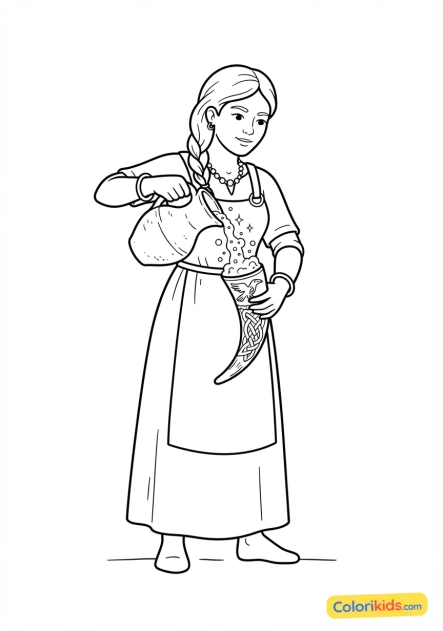 Coloriage à imprimer : femme viking versant de l'hydromel pétillant dans une corne sculptée