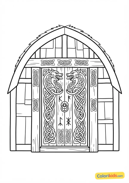 Coloriage à imprimer : porte en bois sculptée de têtes de dragons menaçantes à l'entrée d'une maison longue