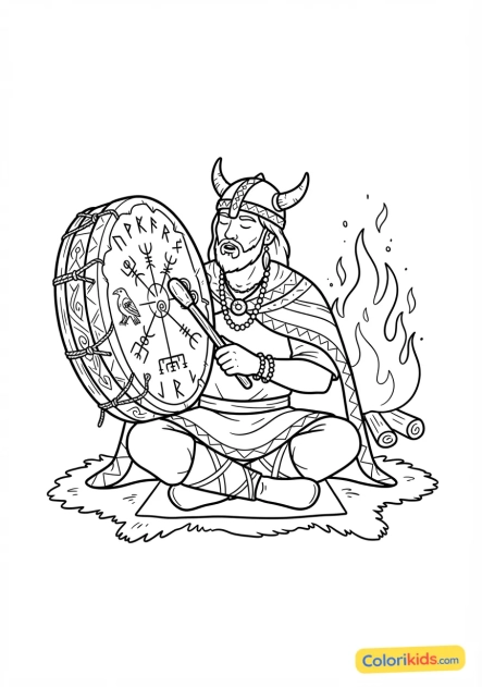 Coloriage à imprimer : tambour en bois tendu de peau battu par un chamane lors d'un rituel nocturne