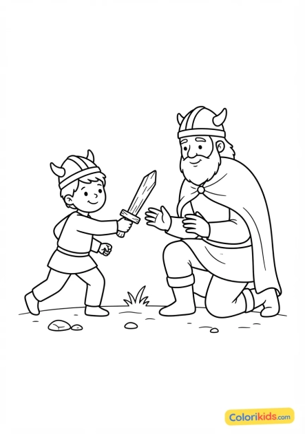 Coloriage à imprimer : jeune garçon viking maniant une petite épée en bois sous le regard bienveillant de son père
