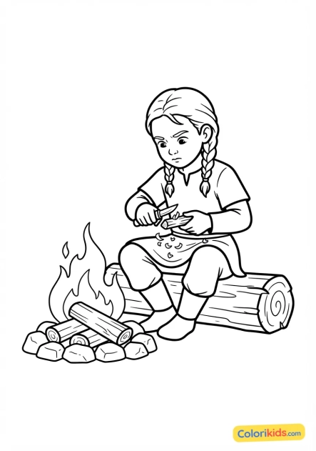 Coloriage à imprimer : jeune enfant viking sculptant un petit morceau de bois avec un couteau près du feu