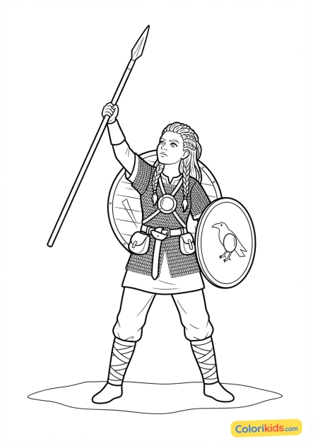 Coloriage à imprimer : jeune bouclière viking aux nattes tressées dressant sa lance vers le ciel avant la bataille