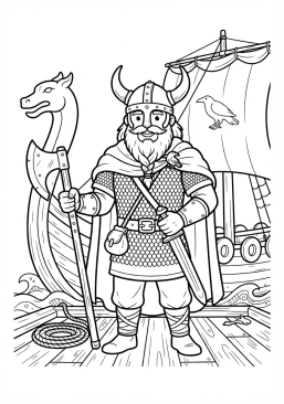 Voir le coloriage Guerrier viking barbu coiffé d'un casque à cornes tenant une lourde hache de combat sur le pont de son drakkar