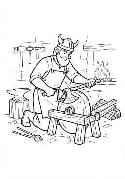 Voir le coloriage Forgeron affûtant une hache de bataille sur une meule en pierre actionnée à la main