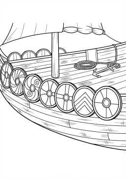 Voir le coloriage Boucliers colorés alignés le long du bastingage en bois d'un navire de guerre prêt à appareiller