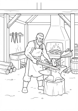 Voir le coloriage Forge d'un village viking où un artisan robuste frappe une épée ardente sur son enclume