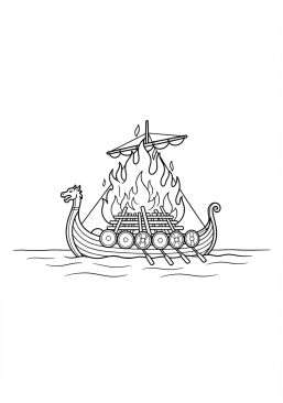 Voir le coloriage Bûcher funéraire d'un chef viking s'embrasant sur un drakkar dérivant au loin sur l'eau