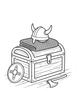 Voir le coloriage Armure de mailles en fer et casque conique posés sur un coffre en bois rustique