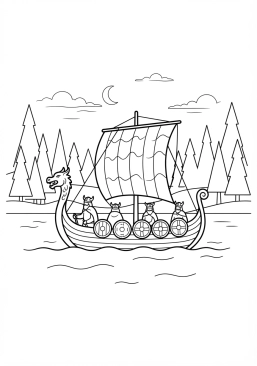 Voir le coloriage Drakkar glissant silencieusement sur un lac miroitant cerné par les sapins endormis